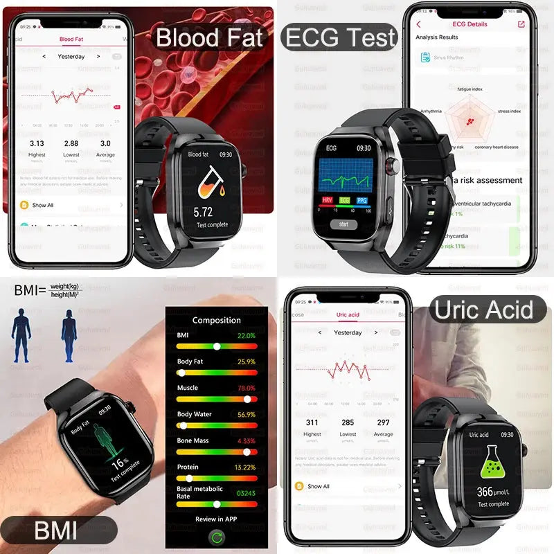 Montre Connectée Santé IA – ECG, SpO2, AMOLED, IP68 TechVisio