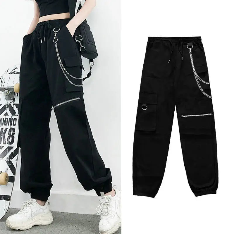 Streetwear Spring Summer Cargo Pants Women Harajuku Slim Punk Ribbons Joggers Elastic Waist Ankle-Length Trousers For Girls TechVisio