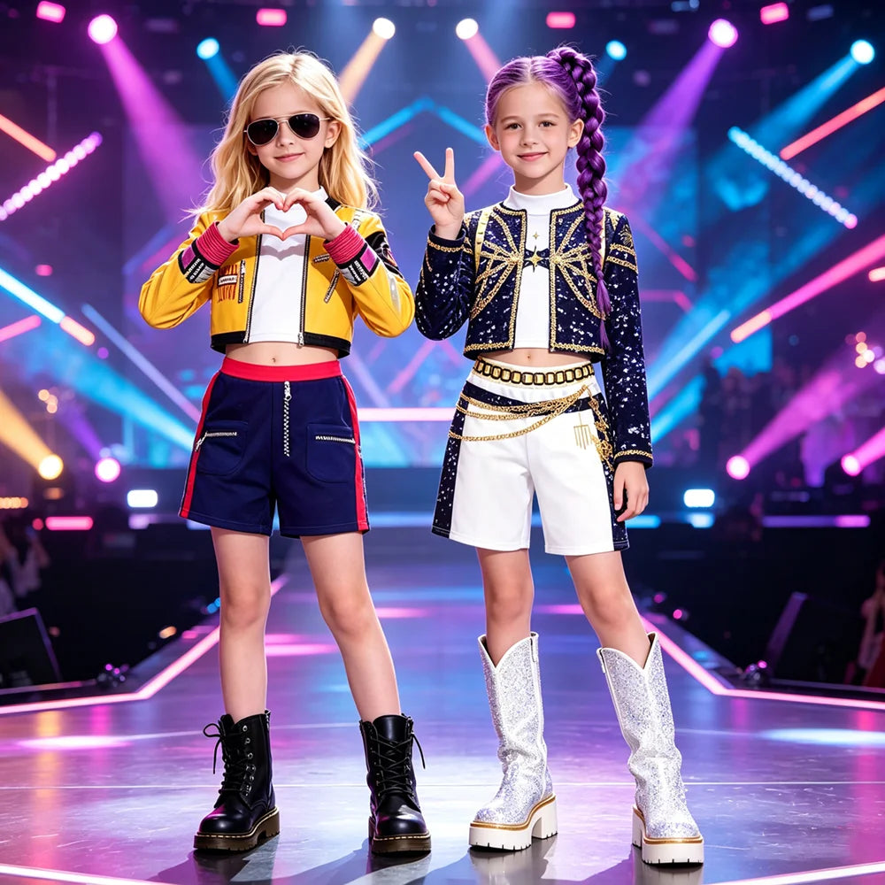 2026 Kids Girl Kpop Stage Performance Costume Hip Hop Outfit Cropped Jacket+Shorts 2PCS/Sets Streetwear Idol Concert Dance Party TechVisio