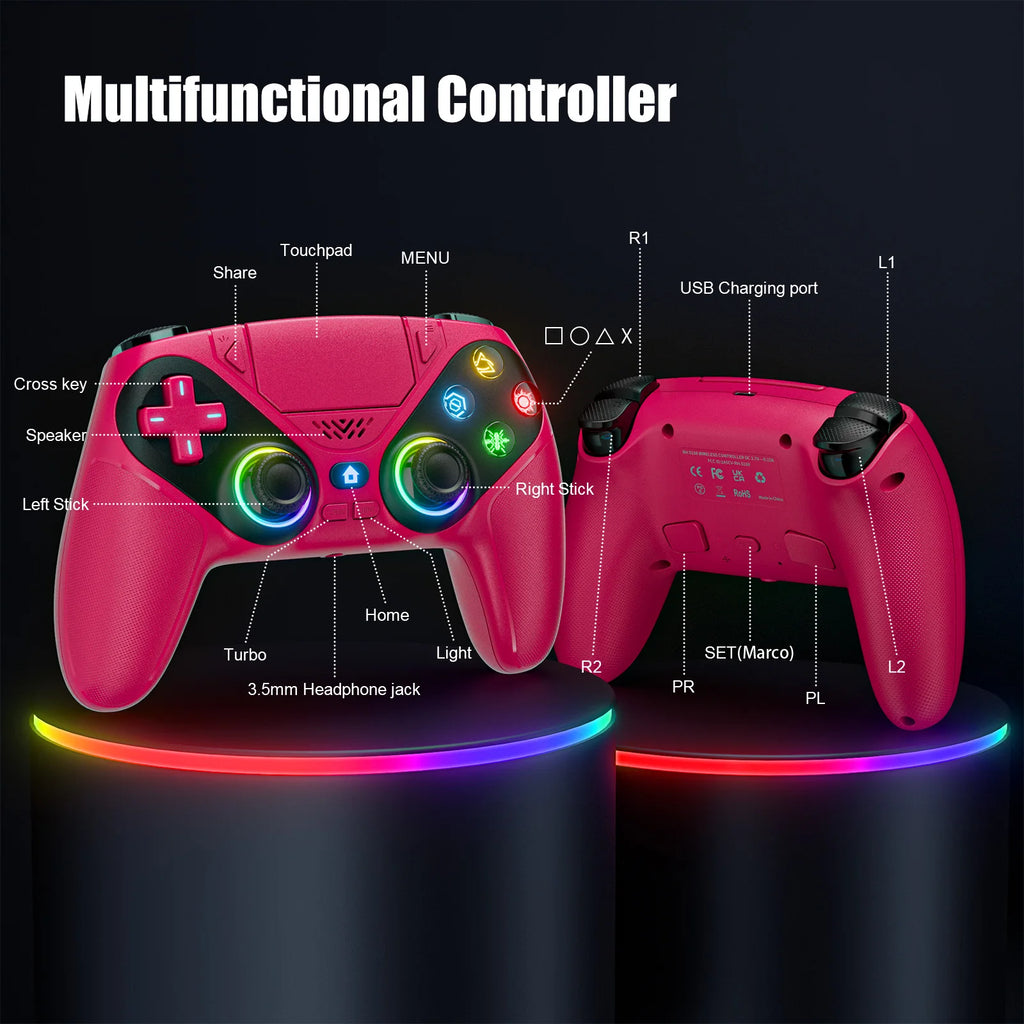 Gamromb Wireless RGB PS5/PC Controller – 6-Axis Gyroscope, Anti-Drift, Turbo, Macro