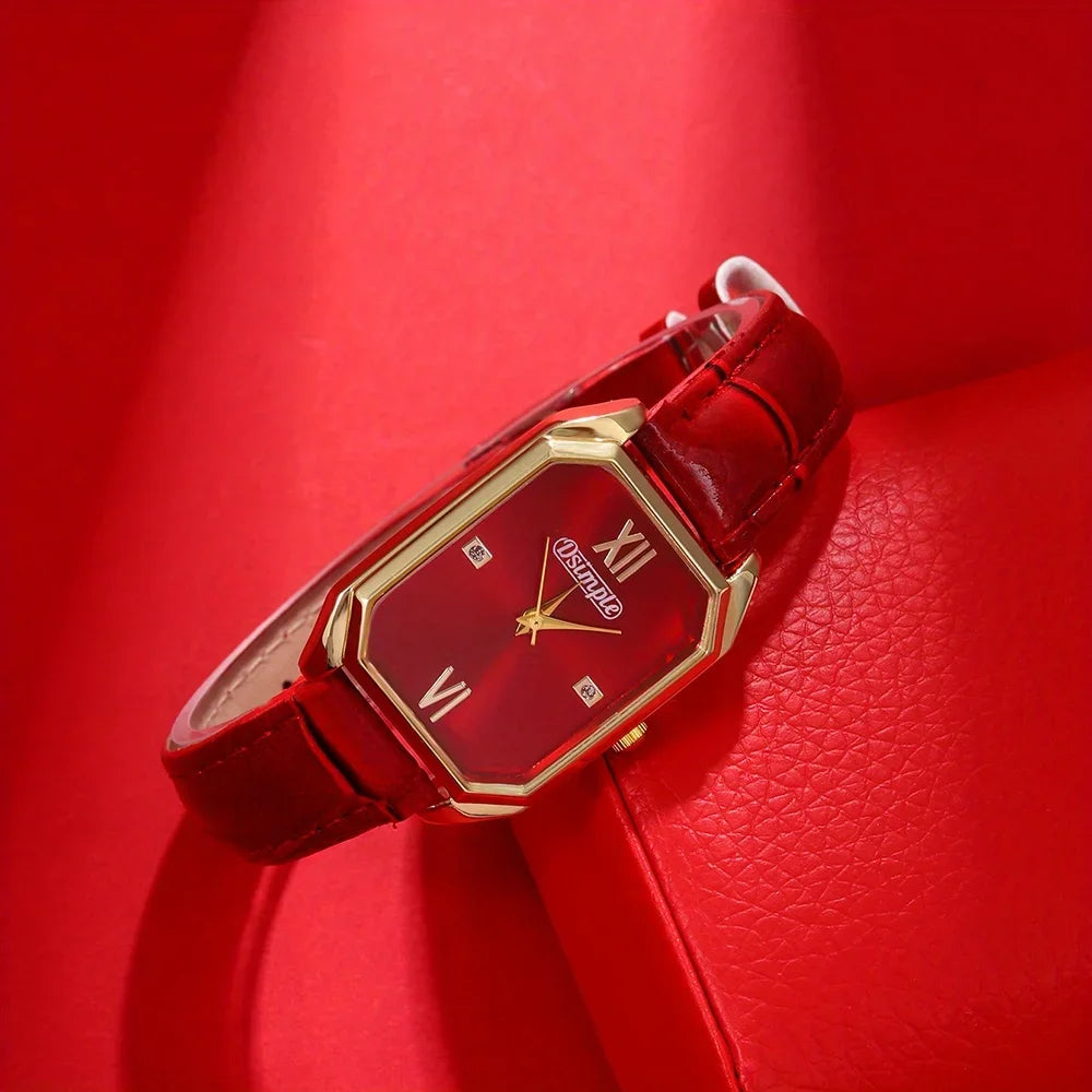Luxury Women's Watches Elegant Womens Quartz Watch Analog Red PU Leather Designer Square Dial Wrist Watch Ideal Choice for Gifts TechVisio