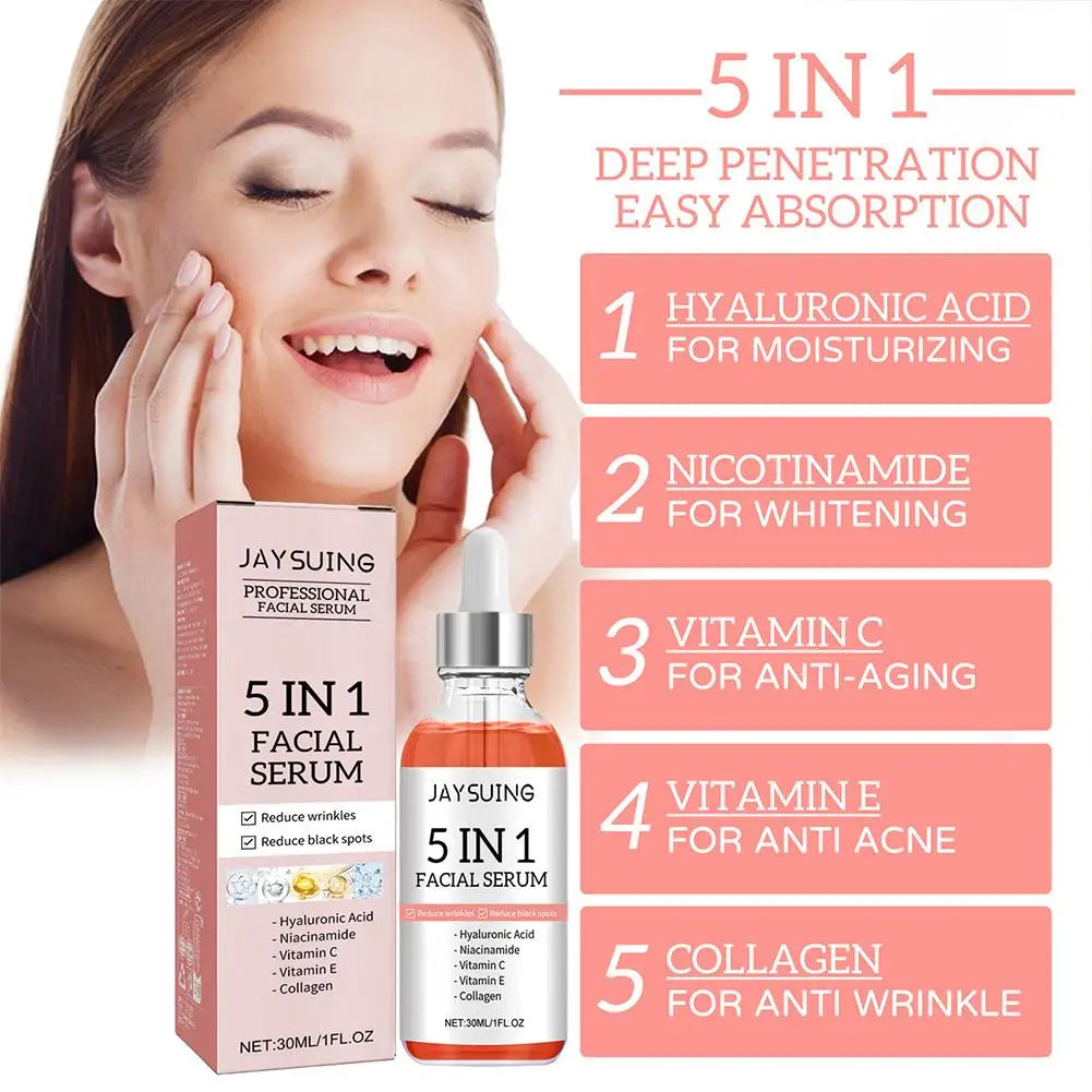 5 In 1 Fade fine lines Firming Face Serum Moisturizing brightning Vitamin C Hyaluronic Acid Facial Serum Shrink Pores Skin Care TechVisio