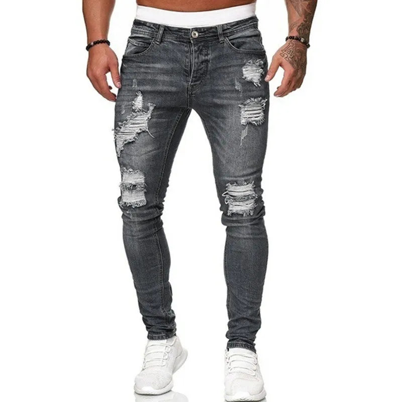 Fashion Street Style Ripped Skinny Jeans Men Vintage wash Solid Denim Trouser Mens Casual Slim fit pencil denim Pants hot sale TechVisio
