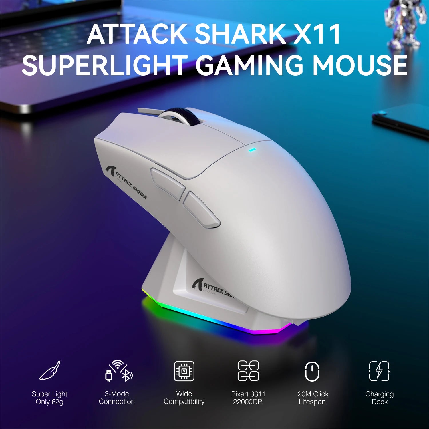Attack Shark X11 – Wireless Gaming Mouse 22000 DPI RGB
