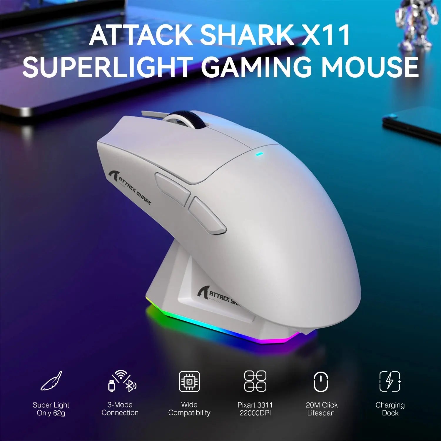 Attack Shark X11 – Souris Gaming Sans Fil 22000 DPI RGB TechVisio