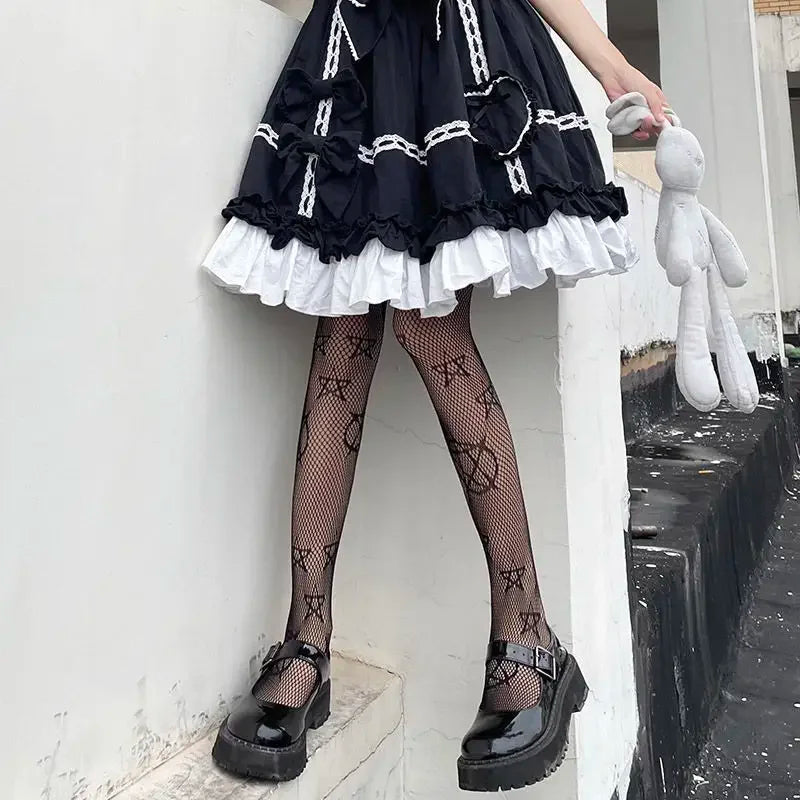 Lolita Girls Cute Pentacle Print Tights Women Sexy Gothic Punk Magical Five-Pointed Star Mesh Fish Net Pantyhose Body Stockings TechVisio