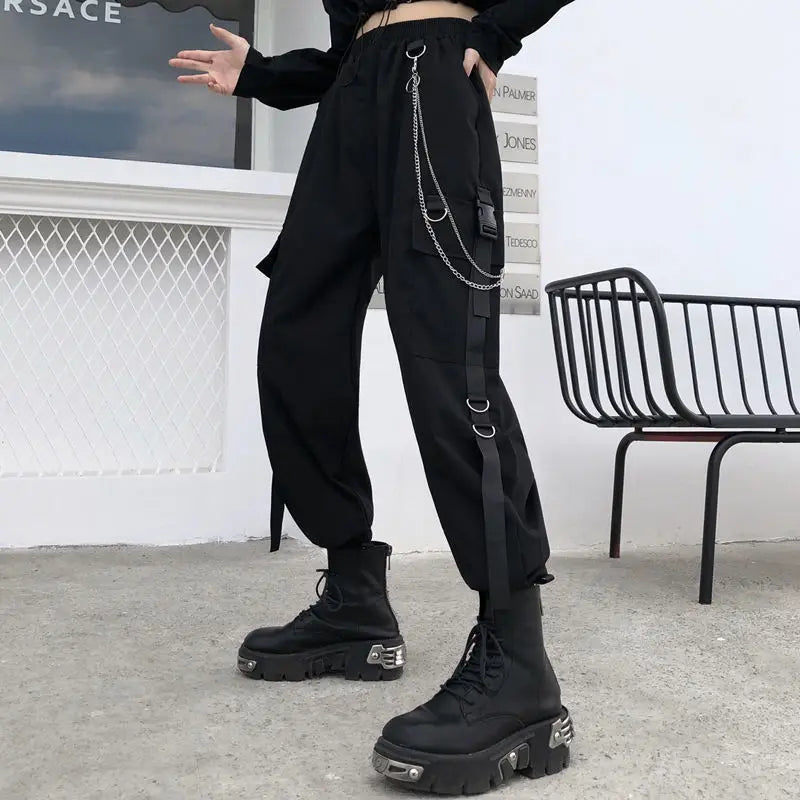 Streetwear Spring Summer Cargo Pants Women Harajuku Slim Punk Ribbons Joggers Elastic Waist Ankle-Length Trousers For Girls TechVisio