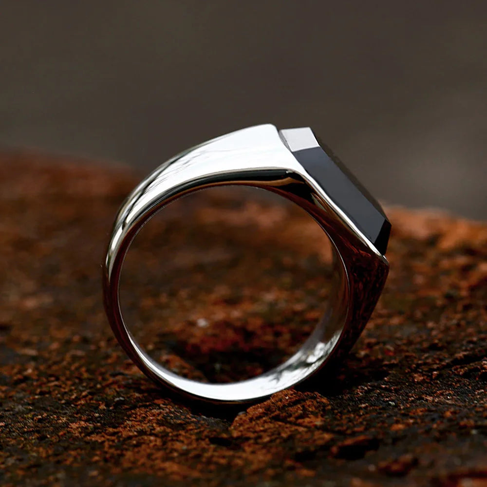 Bague Acier Inoxydable Zircon & Agate Noire – Unisexe