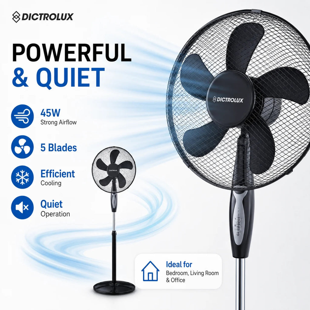 45W Standing Fan with Remote Control 43cm 5 Blades Floor Fan 3 Speeds 3 Modes Timer Oscillation Adjustable Height TechVisio