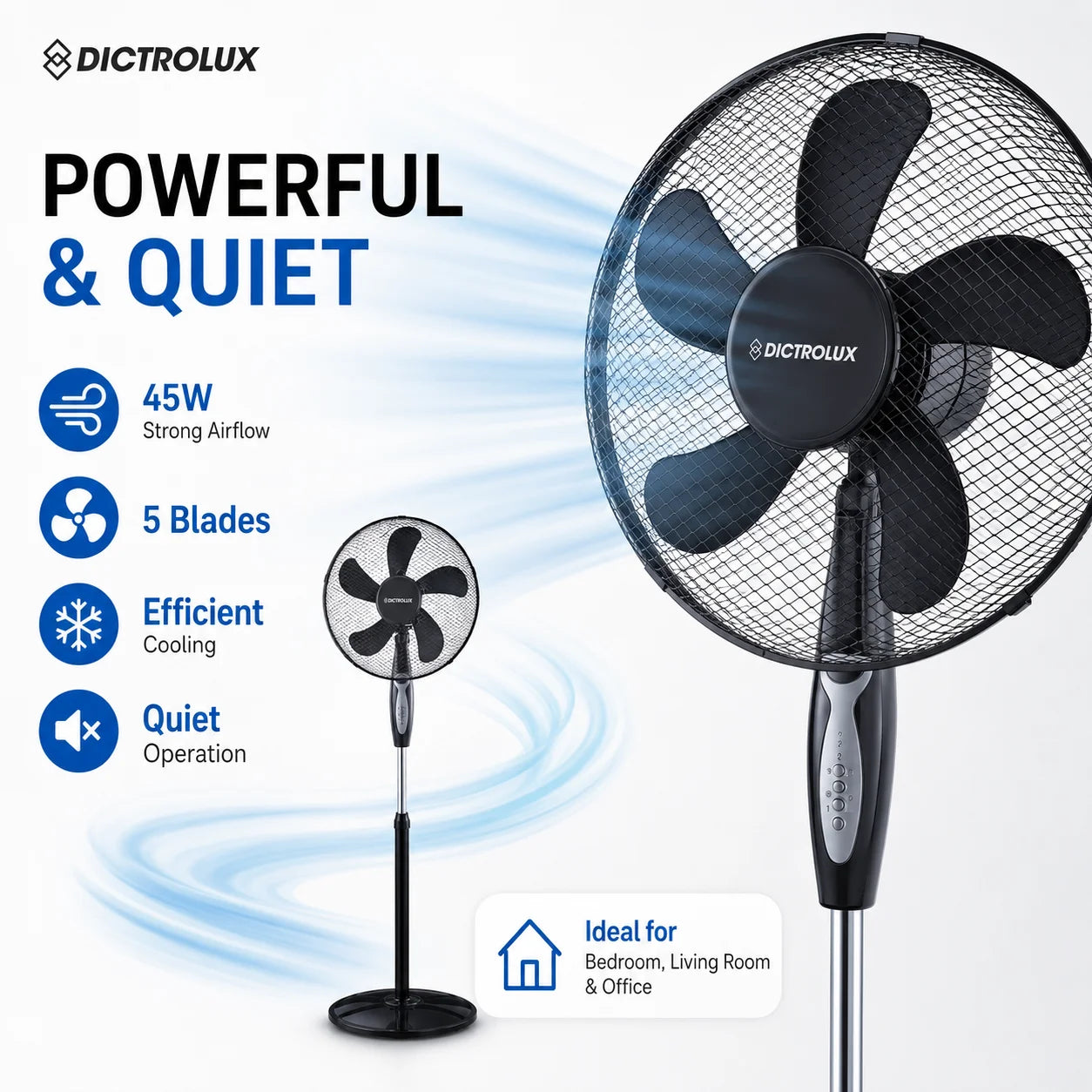 45W Standing Fan with Remote Control 43cm 5 Blades Floor Fan 3 Speeds 3 Modes Timer Oscillation Adjustable Height TechVisio