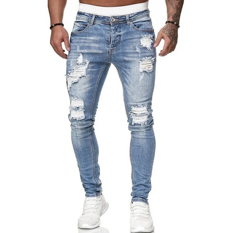Fashion Street Style Ripped Skinny Jeans Men Vintage wash Solid Denim Trouser Mens Casual Slim fit pencil denim Pants hot sale TechVisio