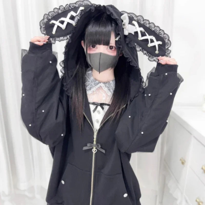 Japanese Pearl Gauze Patchwork Coats Women Y2k Aesthetic Lace Rabbit's Ears Jackets Casual Oversized Harajuku Kawaii Hoodies Top TechVisio
