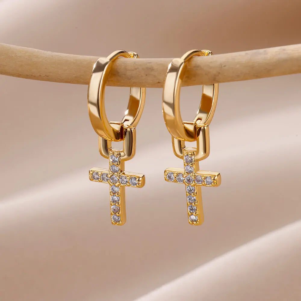 Zircon Cross Drop Earring for Women 2023 Gold Color Stainless Steel Earrings Luxury Ear Buckle Jewelry Wedding Gifts pendientes TechVisio