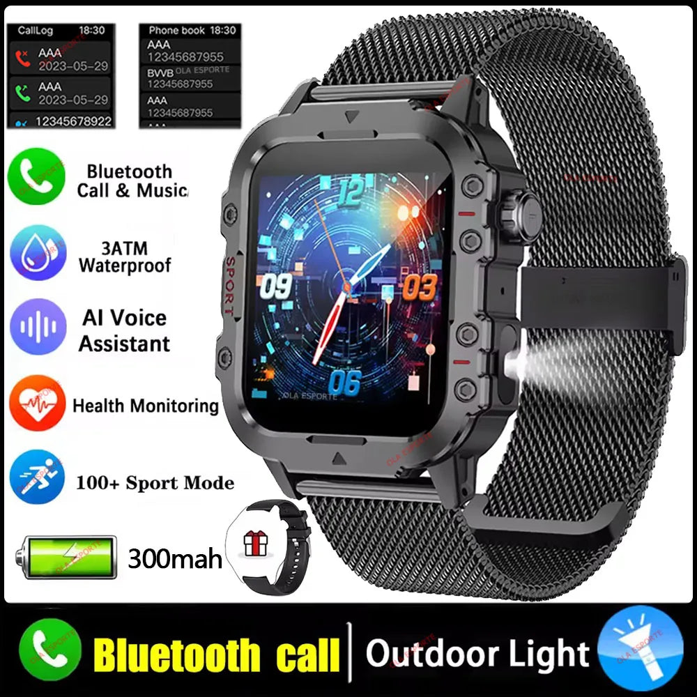2026 Rugged Military Smart Watch Men's Outdoor Watch LED Flashlight 2.01'' HD Touch Screen Voice Bluetooth Call Smartwatch Gifts TechVisio