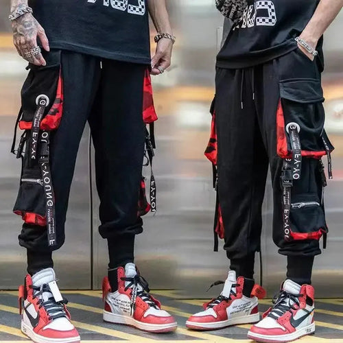 Classic Streetwear Hip Hop Joggers Men Letter Ribbons Cargo Pants Pockets Track Tactical Casual Male Trousers Sweatpant KZ99 TechVisio