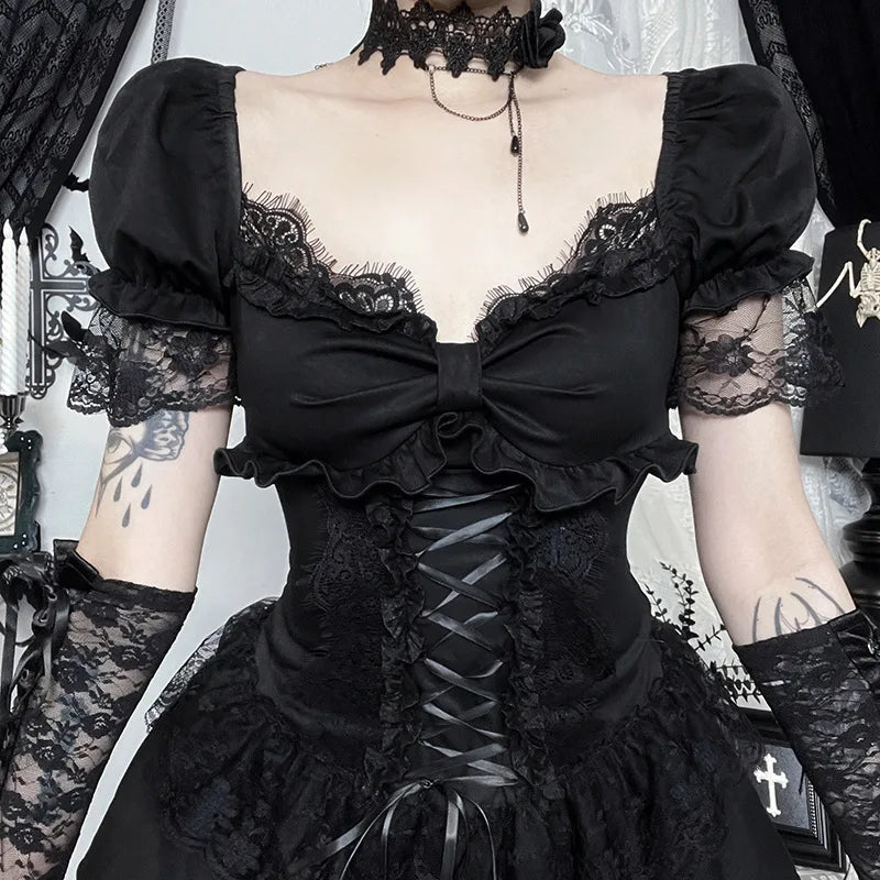 Goth Dark Gothic Lace Trim Puff Sleeve A-line Mini Dress Women Outfits Embellished Square Neck Dresses Bandage Lace Up Halloween TechVisio