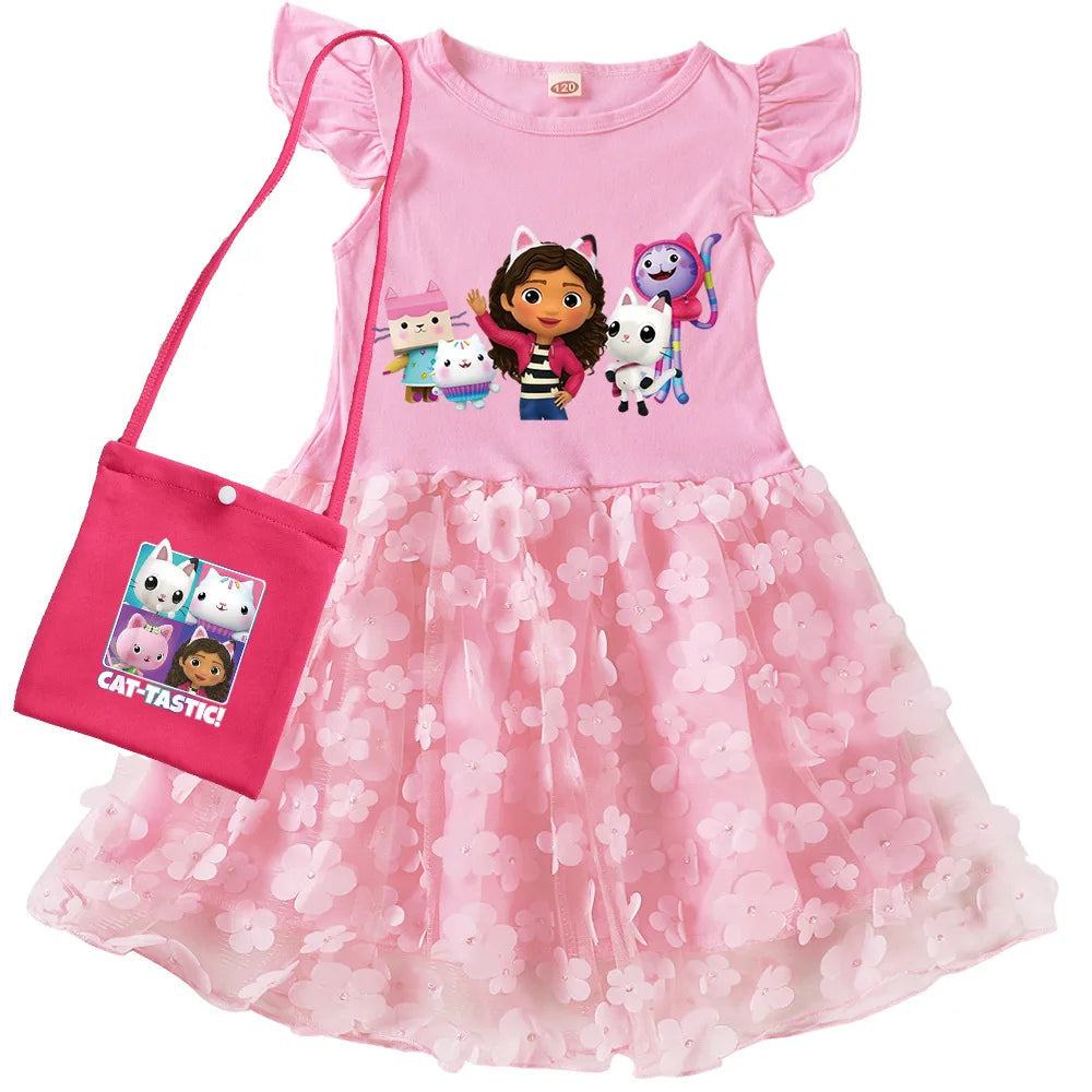 Vestidos Gabbys Dollhouse Costume Kids Cartoon Gabby Chat Dress Baby Girls Summer Short Sleeve Casual Dresses and Bag & Headband TechVisio