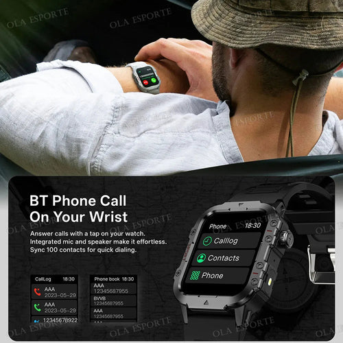 2026 Rugged Military Smart Watch Men's Outdoor Watch LED Flashlight 2.01'' HD Touch Screen Voice Bluetooth Call Smartwatch Gifts TechVisio