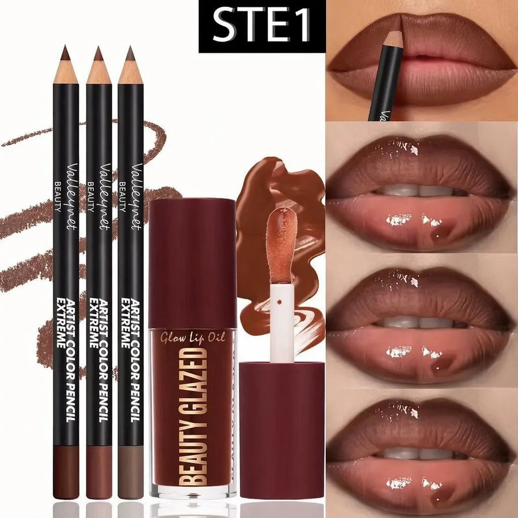 4pcs Lip Kit Set-3pcs Lip Liner+1pc Lip Glaze, Waterproof&Long-Lasting Matte Effect,Versatile for Casual & Formal Occasions, TechVisio