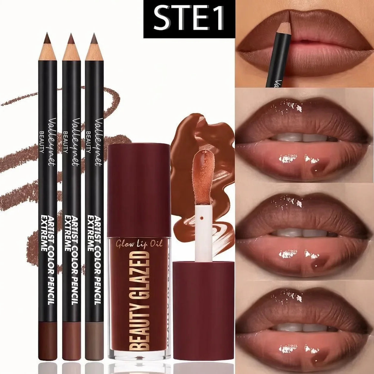 4pcs Lip Kit Set-3pcs Lip Liner+1pc Lip Glaze, Waterproof&Long-Lasting Matte Effect,Versatile for Casual & Formal Occasions, TechVisio