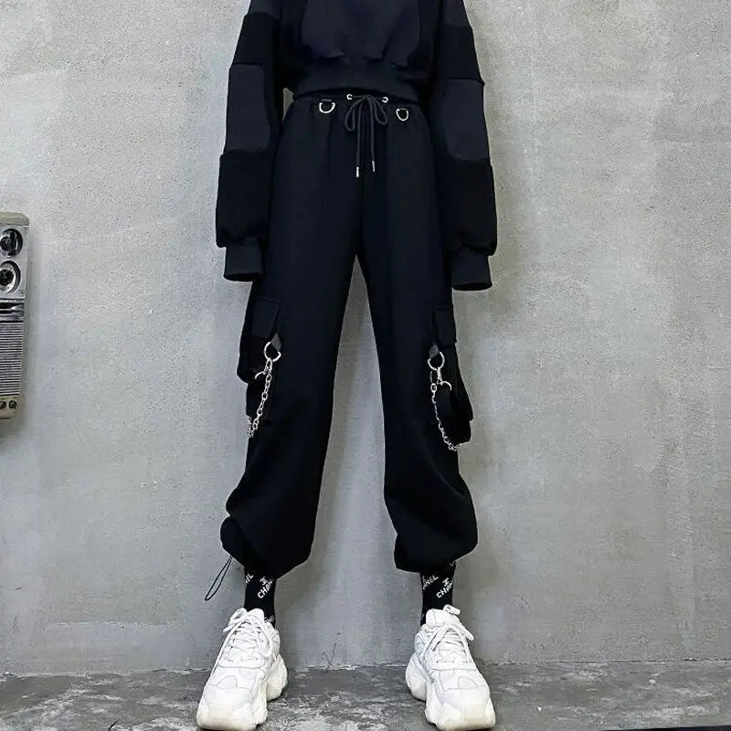Streetwear Spring Summer Cargo Pants Women Harajuku Slim Punk Ribbons Joggers Elastic Waist Ankle-Length Trousers For Girls TechVisio