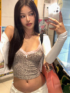 Hugcitar 2025 Leopard Print Slips Bows Patchwork Lace Sexy Slim Crop Camis Top Summer Fashion Women Y2K Outfits Festival Party TechVisio