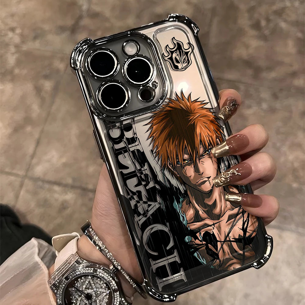 New HotAnime Cool BLEACH Plating Case For iPhone 16 15 14 13 12 11 Pro Max X XR XSMax 7 8 6 Plus Anti-Fall Airabag Back Cover TechVisio