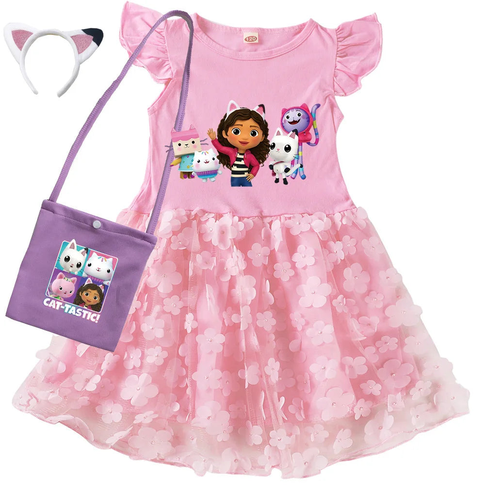 Vestidos Gabbys Dollhouse Costume Kids Cartoon Gabby Chat Dress Baby Girls Summer Short Sleeve Casual Dresses and Bag & Headband TechVisio
