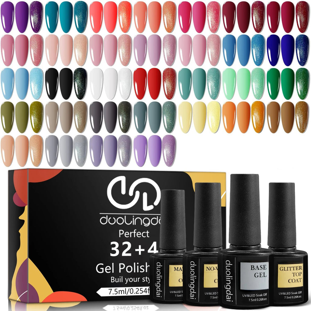 36 pcs Gel Nail Polish Set-32 Colors Gel Polish Kit Base Coat Glossy Matte And Glitter Top Coat Nail Polish Set TechVisio