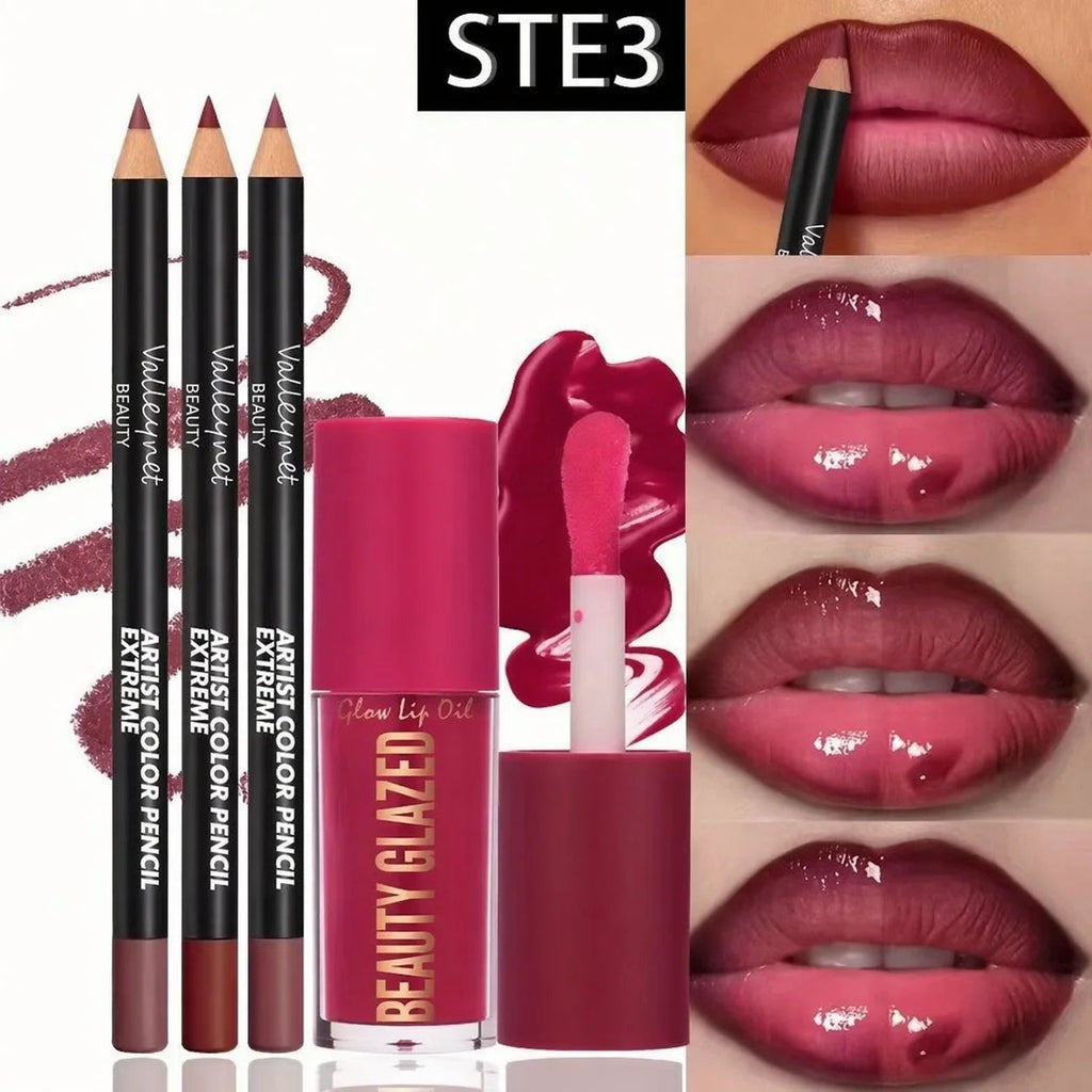 4pcs Lip Kit Set-3pcs Lip Liner+1pc Lip Glaze, Waterproof&Long-Lasting Matte Effect,Versatile for Casual & Formal Occasions, TechVisio