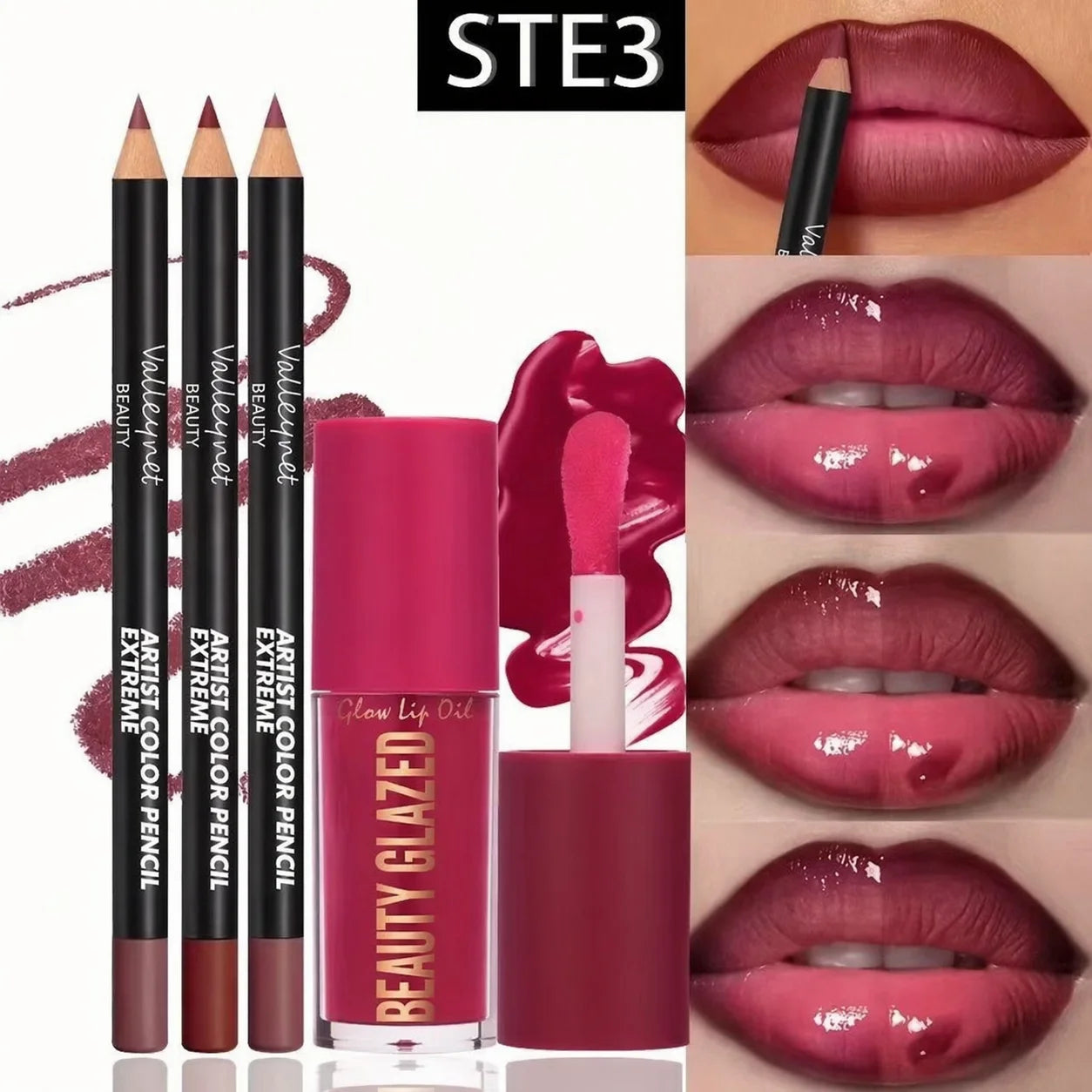 4pcs Lip Kit Set-3pcs Lip Liner+1pc Lip Glaze, Waterproof&Long-Lasting Matte Effect,Versatile for Casual & Formal Occasions, TechVisio