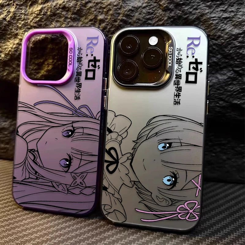 Coque iPhone Anime Rem & Emilia Re:Zero – PC Rigide, Anti-Choc, iPhone 7 à 17 Pro Max