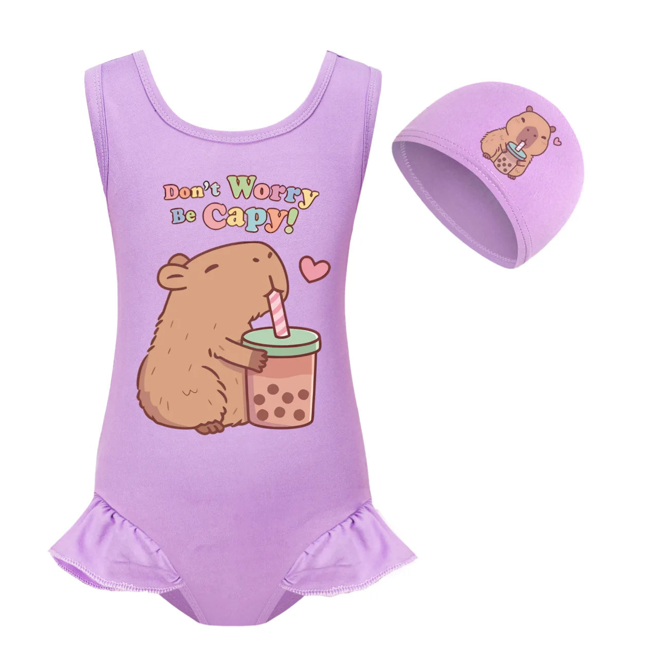 Cute Capybara Loves Bubble Tea Clothes Kids Summer Swimwear Baby Girls Once Piece Swimsuit & Cap Children Vacation Bikini suits TechVisio