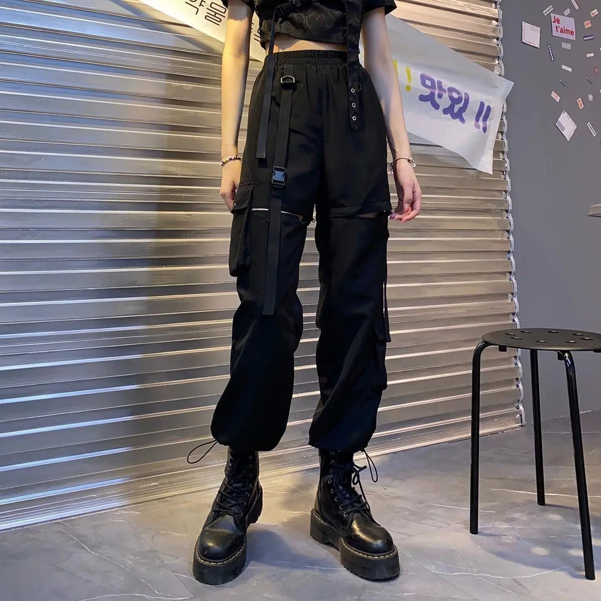 Streetwear Spring Summer Cargo Pants Women Harajuku Slim Punk Ribbons Joggers Elastic Waist Ankle-Length Trousers For Girls TechVisio