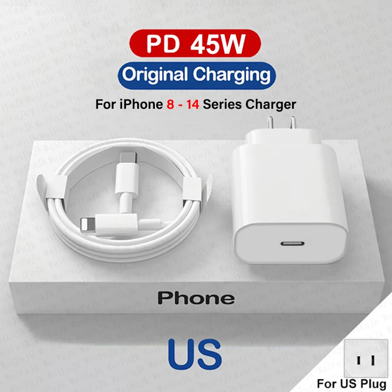 Câble & Chargeur USB-C Rapide 45W – Compatible iPhone 17→11, Samsung, Xiaomi | GaN PD QC
