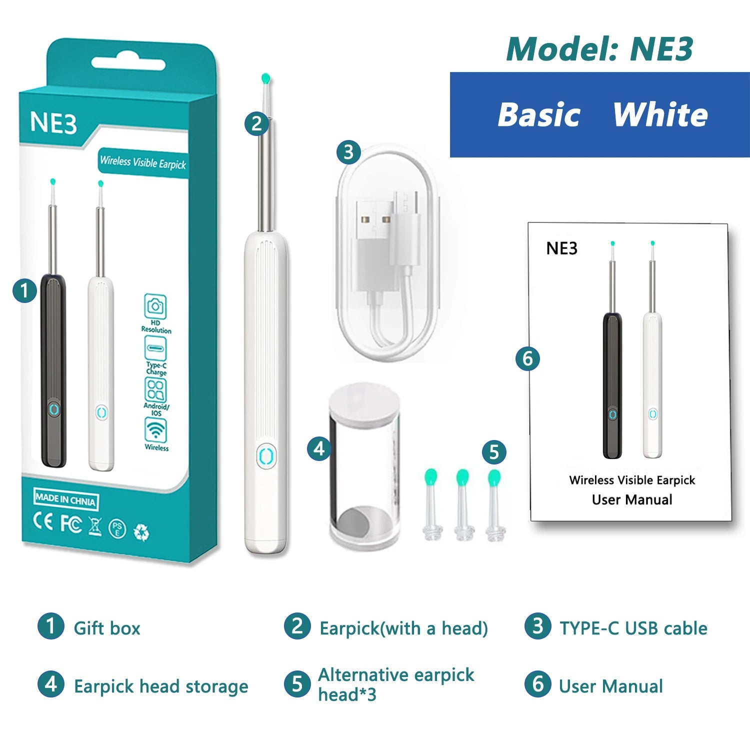 Nettoyeur d'Oreilles Visuel Connecté 1080P – WiFi, IP67, USB-C, Kit Complet