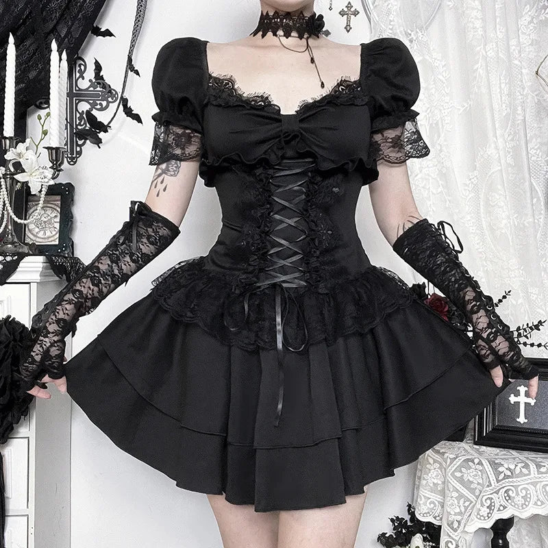 Goth Dark Gothic Lace Trim Puff Sleeve A-line Mini Dress Women Outfits Embellished Square Neck Dresses Bandage Lace Up Halloween TechVisio