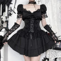 Goth Dark Gothic Lace Trim Puff Sleeve A-line Mini Dress Women Outfits Embellished Square Neck Dresses Bandage Lace Up Halloween TechVisio