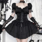 Goth Dark Gothic Lace Trim Puff Sleeve A-line Mini Dress Women Outfits Embellished Square Neck Dresses Bandage Lace Up Halloween TechVisio