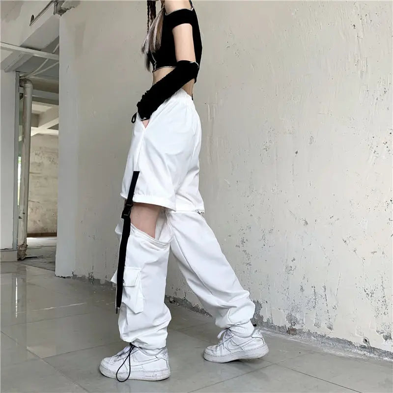 Streetwear Spring Summer Cargo Pants Women Harajuku Slim Punk Ribbons Joggers Elastic Waist Ankle-Length Trousers For Girls TechVisio