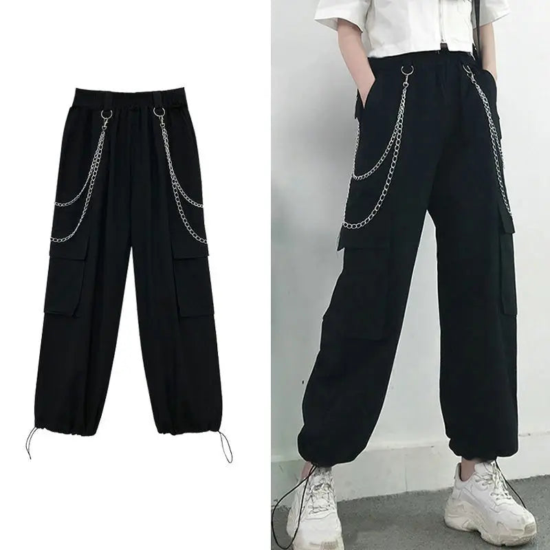 Streetwear Spring Summer Cargo Pants Women Harajuku Slim Punk Ribbons Joggers Elastic Waist Ankle-Length Trousers For Girls TechVisio