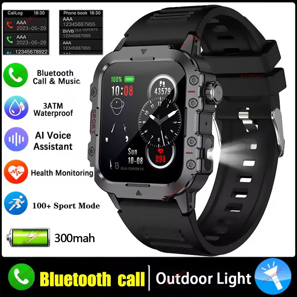 2026 Rugged Military Smart Watch Men's Outdoor Watch LED Flashlight 2.01'' HD Touch Screen Voice Bluetooth Call Smartwatch Gifts TechVisio
