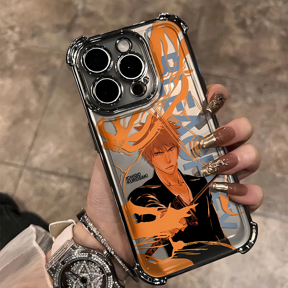 New HotAnime Cool BLEACH Plating Case For iPhone 16 15 14 13 12 11 Pro Max X XR XSMax 7 8 6 Plus Anti-Fall Airabag Back Cover TechVisio