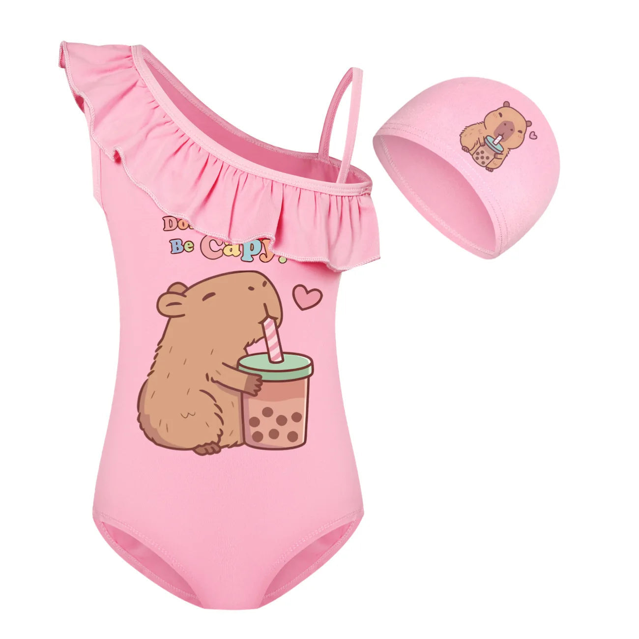 Cute Capybara Loves Bubble Tea Clothes Kids Summer Swimwear Baby Girls Once Piece Swimsuit & Cap Children Vacation Bikini suits TechVisio