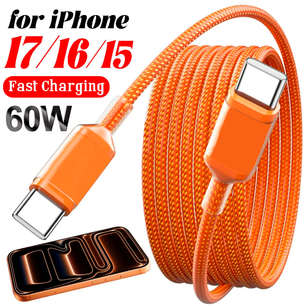 1/2/3m 60W Fast Charging Cable Data Line Type C To Type-C for Iphone 17 Pro Max USBC To C Cable Wire Cord for IPhone 15 16 17 TechVisio