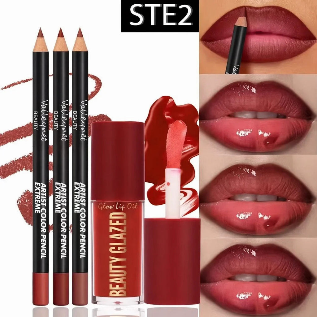 4pcs Lip Kit Set-3pcs Lip Liner+1pc Lip Glaze, Waterproof&Long-Lasting Matte Effect,Versatile for Casual & Formal Occasions, TechVisio