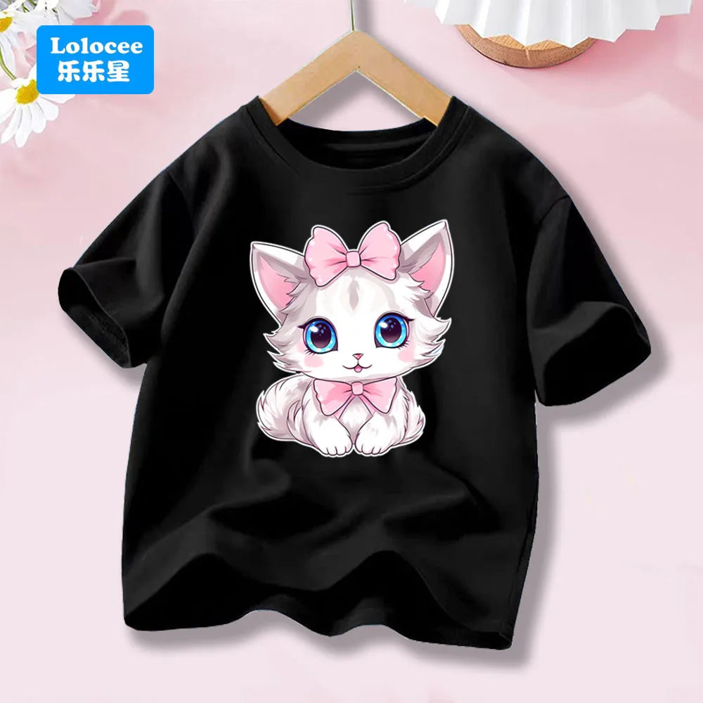 Cute Cat with Bow Print Girls T Shirt Kids Summer Short Sleeve Cotton T-shirt Kawaii Top Tee for Baby Girl 3-14y MM1 TechVisio