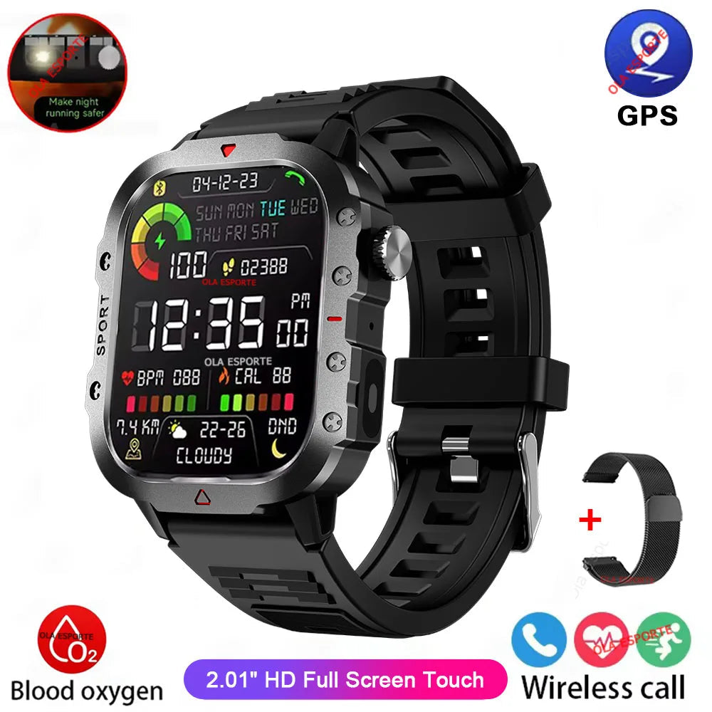 2026 Rugged Military Smart Watch Men's Outdoor Watch LED Flashlight 2.01'' HD Touch Screen Voice Bluetooth Call Smartwatch Gifts TechVisio