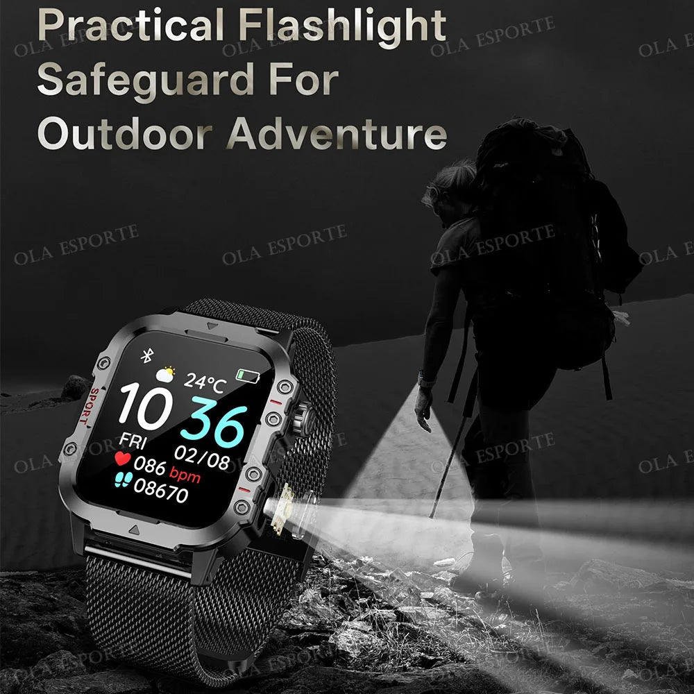 2026 Rugged Military Smart Watch Men's Outdoor Watch LED Flashlight 2.01'' HD Touch Screen Voice Bluetooth Call Smartwatch Gifts TechVisio