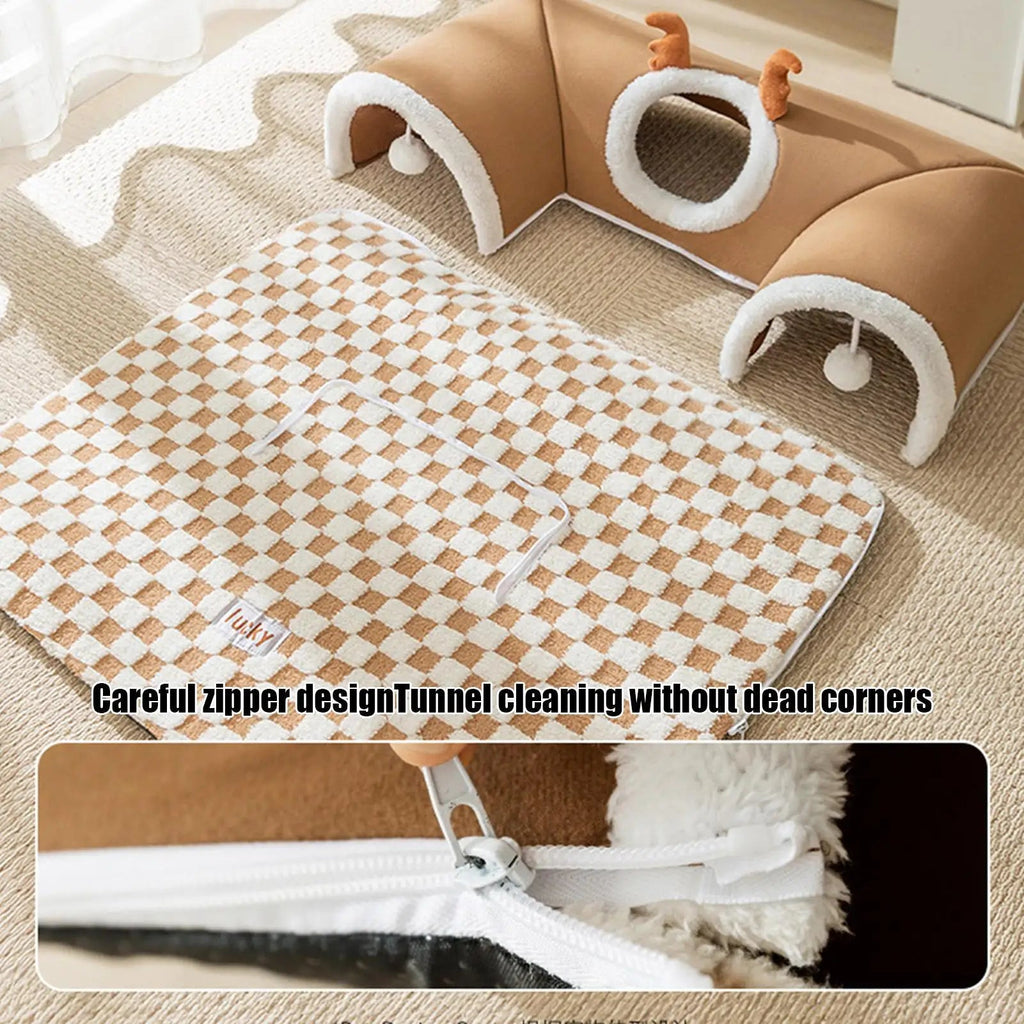 Cat Bed and Play Tunnel Warm House Tent with Plush Mat Indoor Hideaway Corner Shelter Foldable Pet Furniture for Kittens Cats TechVisio
